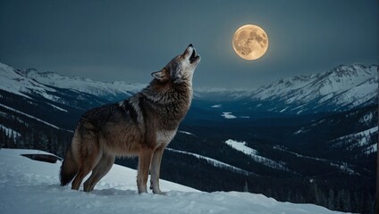 wolf howling at night - obrazy, fototapety, plakaty