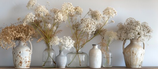 A row of vases containing dried Queen Annes Lace flowers, showcasing their delicate and captivating appearance. The dried flowers add an exquisite touch to the display.