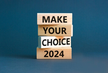 Make your choice 2024 symbol. Concept words Make your choice 2024 on beautiful wooden block. Beautiful grey table grey background. Business Make your choice 2024 concept. Copy space.