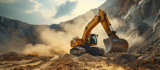 A massive bulldozer, designed for heavy-duty excavation, is forcefully digging through a rocky terrain, moving and displacing rocks and debris. The bulldozers yellow hue contrasts with the rugged - obrazy, fototapety, plakaty
