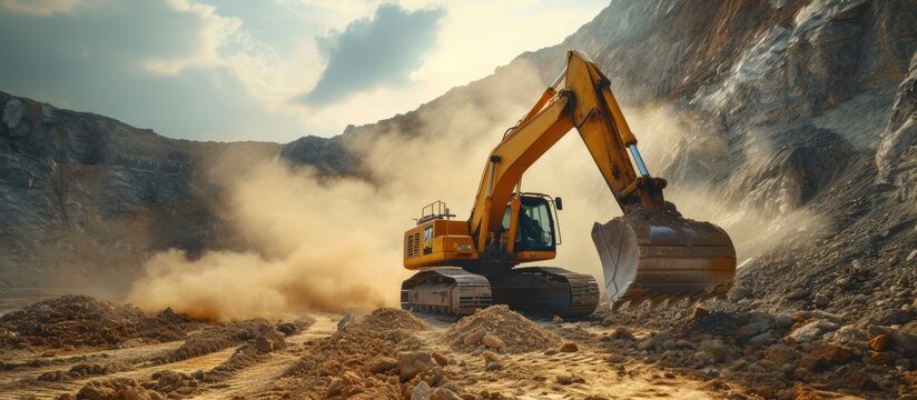 A massive bulldozer, designed for heavy-duty excavation, is forcefully digging through a rocky terrain, moving and displacing rocks and debris. The bulldozers yellow hue contrasts with the rugged