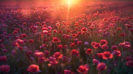 A beautiful field of red flowers with the sun shining in the background. Perfect for nature and outdoor-themed designs