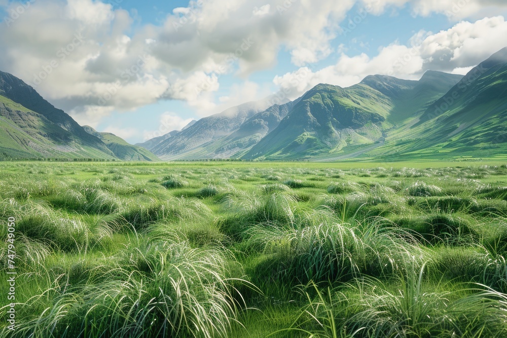 Poster a scenic view of a grass field with mountains in the background. suitable for nature or landscape th