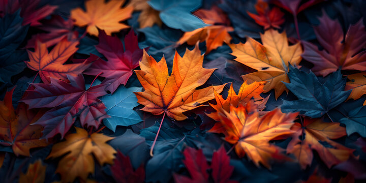 Colorful leaves in autumn season, A close up of a bunch of leaves on a ground 
