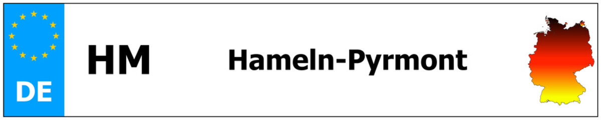 Hameln-Pyrmont car licence plate sticker name and map of Germany. Vehicle registration plates frames German number