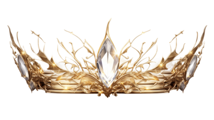 A realistic golden crown suspended gracefully in mid-air, portrayed in PNG style against a pure and crystal-clear background, emanating an aura of regality and elegance