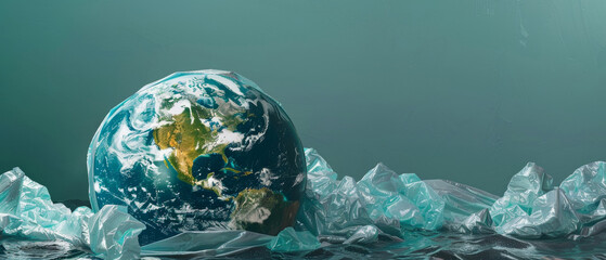 Visual metaphor of Earth wrapped in plastic