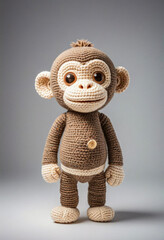 Cute little monkey handmade toy on simple background. Amigurumi toy making, knitting, hobby