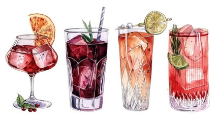A variety of colorful cocktails on a drawing. Perfect for menu designs