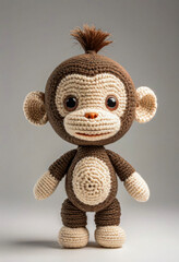 Cute little monkey handmade toy on simple background. Amigurumi toy making, knitting, hobby