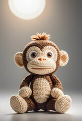 Cute little monkey handmade toy on simple background. Amigurumi toy making, knitting, hobby