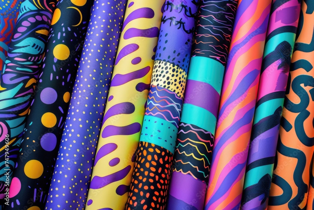 Aufkleber various colored fabric neatly arranged on a table. suitable for textile or crafting themes