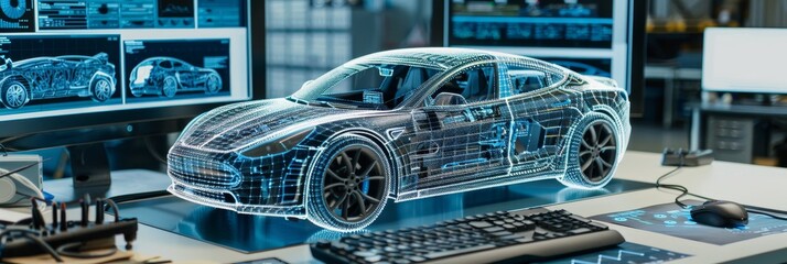 Ai system in use  engineer designs smart ev car on hologram, copy space available