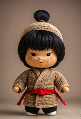 Cute Chinese man handmade toy on simple background. Amigurumi toy making, knitting, hobby