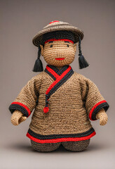 Cute Chinese man handmade toy on simple background. Amigurumi toy making, knitting, hobby