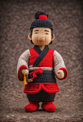 Cute Chinese man handmade toy on simple background. Amigurumi toy making, knitting, hobby