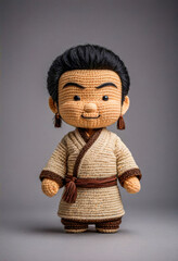 Cute Chinese man handmade toy on simple background. Amigurumi toy making, knitting, hobby