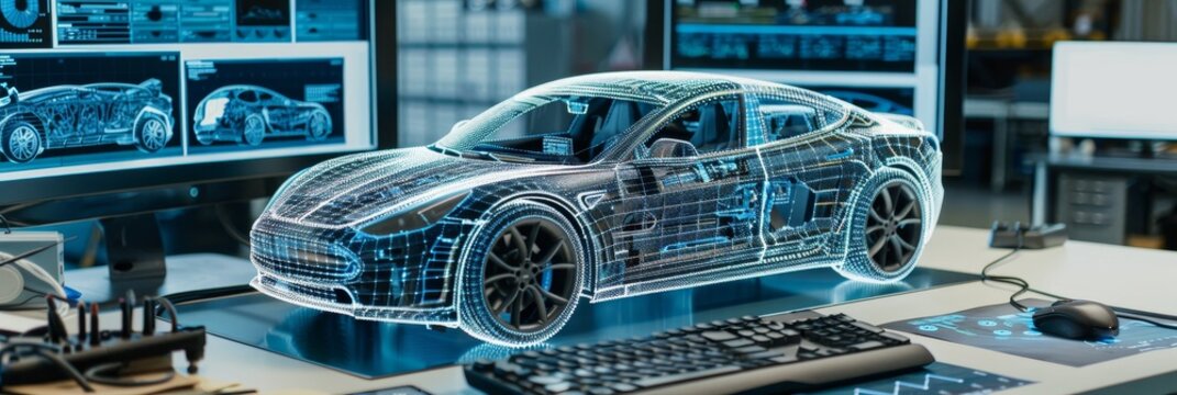 Ai system in use  engineer designs smart ev car on hologram, copy space available