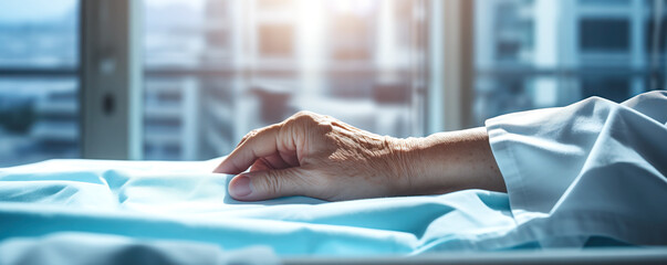 Sadness elderly adult lying in bed in hospital. Nursing home and aging concept.