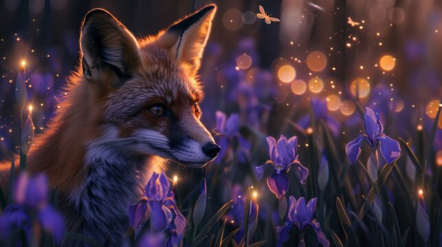 Orange mischievous fox in Iris flowers, being cute with fireflies and purple sparkles. Fresco Painting. detailed background.