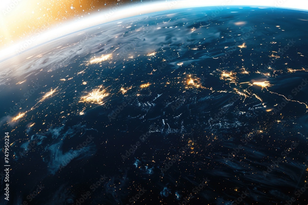 Poster a stunning view of the earth illuminated at night. perfect for science and technology projects