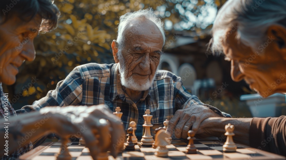 Poster A group of elderly men engaged in a game of chess. Suitable for strategy or retirement concepts
