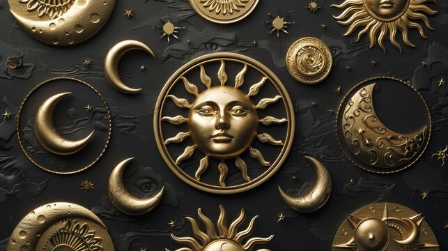 Gold sun and moon medallions on a black background. Suitable for jewelry design