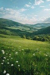 Serene landscape with white flowers and majestic mountains. Perfect for nature backgrounds