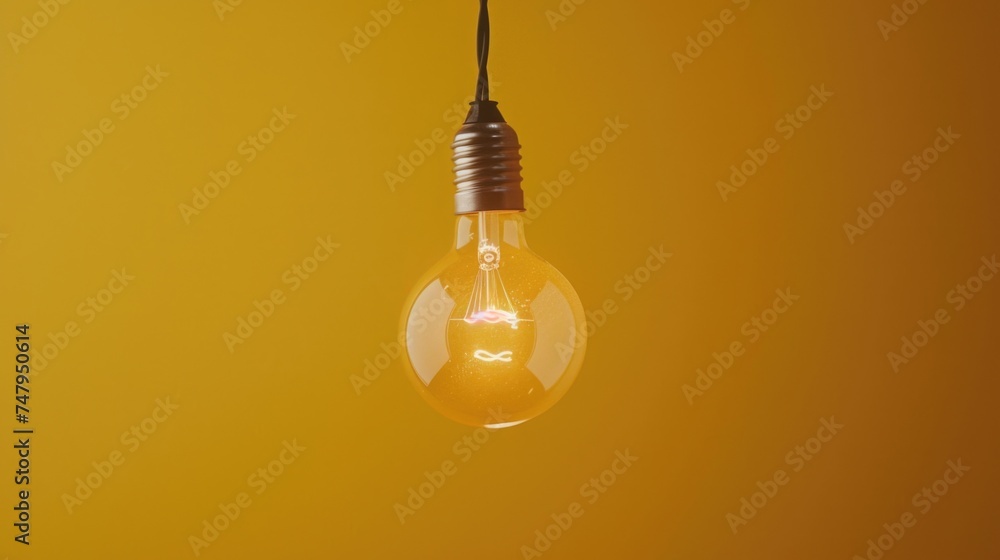 Poster light bulb hanging from a wire on a yellow wall. suitable for interior design concepts
