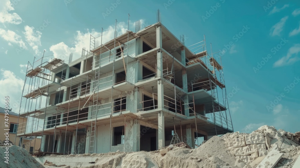 Poster A building under construction with scaffolding. Ideal for construction industry concepts