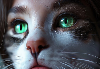 portrait of a cat with green eyes of a woman, in image matching style, light gray and light blue, photorealistic techniques