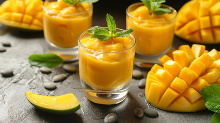 Elegant mango panna cotta dessert garnished with fresh mango cubes and mint leaves.