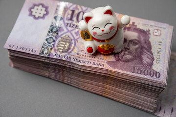 Hungarian HUF 10,000 banknotes are spread out on a gray table and sorted. It has a waving lucky cat...