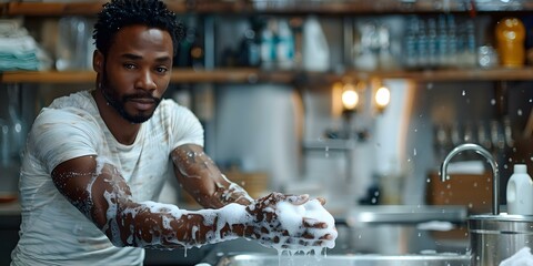 African American man carefully washing hands with soap focused and thorough. Concept Personal Hygiene, Hand Washing, Health Precautions, African American Man, Soap, Thorough Cleaning