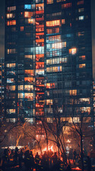 Lifestyle Contrast, Ceremony Fire and High-rise Night Lights, Urban vs Traditional Life