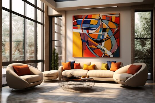 a living room with a large painting on the wall