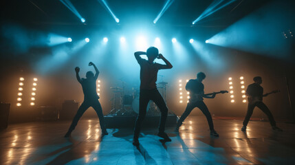 Dynamic silhouette of dancers or boys band performing on stage with striking neon lights creating a modern and energetic atmosphere. Creative fashionable neon color. capturing energy of nightlife. - obrazy, fototapety, plakaty