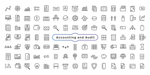 Fototapeta na wymiar Accounting and audit icon set. Taxes and accounting line icons collection. Check and audit line icons collection.