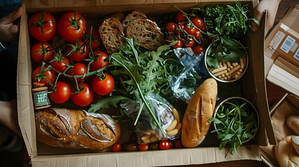 A box filled with various food items, including bread, tomatoes, and greens.