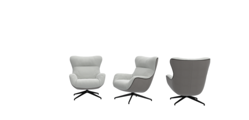 Poltrona per lettura elegante e di design  con sfondo trasparente in varie viste con base roteante bianca. Elegant and designer reading armchair in various views with swhite rotating base.