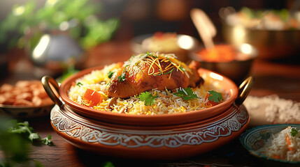 Delicious Iranian biryani meal featuring chicken and rice, served on a table, traditional Food concept.