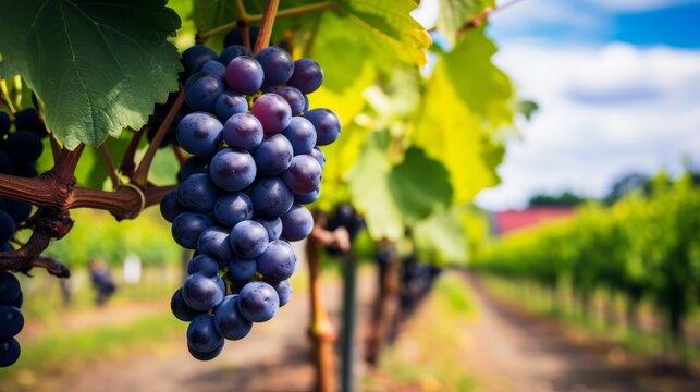 Detailed macro view of ripe grapes hanging on vineyard branch against vineyard background