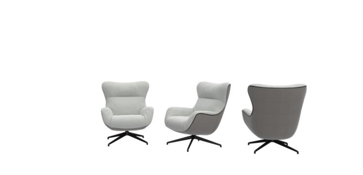 Poltrona per lettura elegante e di design  con sfondo trasparente in varie viste con base roteante bianca. Elegant and designer reading armchair in various views with swhite rotating base.