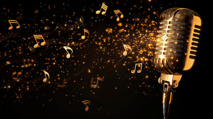 A classic vintage gold microphone set against a backdrop of glowing musical notes and warm bokeh lights. - obrazy, fototapety, plakaty