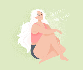 Deep breath and mindfulness concept. Woman calm and relaxed, mental health, self care or meditation. Vector illustration in flat style