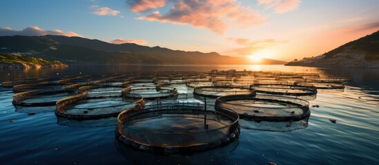 offshore fish farm in the sea at sunset - obrazy, fototapety, plakaty