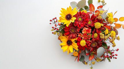 Red and yellow autumn bouquet on white