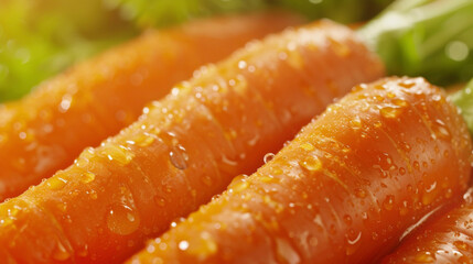 A of bright orange carrots freshly washed and glistening with dew drops.