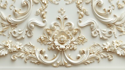 Elaborate scrollwork in shades of ivory and gold, reminiscent of the ornate carvings adorning grand Victorian ballrooms. - obrazy, fototapety, plakaty