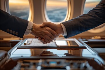 Close up business professional handshake with new partnership on private jet meeting room. Generative AI